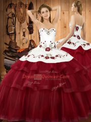 Sumptuous Wine Red Sleeveless Embroidery and Ruffled Layers Lace Up 15th Birthday Dress