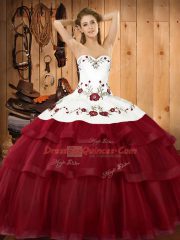 Sumptuous Wine Red Sleeveless Embroidery and Ruffled Layers Lace Up 15th Birthday Dress