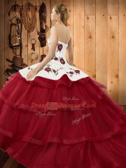 Sumptuous Wine Red Sleeveless Embroidery and Ruffled Layers Lace Up 15th Birthday Dress