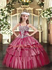 Hot Pink Sleeveless Appliques and Ruffled Layers Floor Length Little Girls Pageant Dress Wholesale