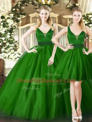 Dark Green Ball Gowns Tulle Straps Sleeveless Ruching Floor Length Lace Up 15th Birthday Dress