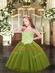 Adorable Spaghetti Straps Sleeveless Pageant Gowns For Girls Floor Length Appliques Olive Green Tulle