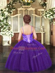 Adorable Spaghetti Straps Sleeveless Pageant Gowns For Girls Floor Length Appliques Olive Green Tulle