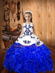 Perfect Sleeveless Floor Length Embroidery and Ruffles Lace Up Custom Made Pageant Dress with Royal Blue