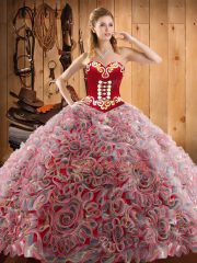 Chic With Train Multi-color Vestidos de Quinceanera Satin and Fabric With Rolling Flowers Sweep Train Sleeveless Embroidery