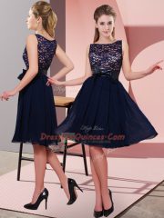 Beautiful Navy Blue Empire Chiffon Scoop Sleeveless Lace and Bowknot Knee Length Side Zipper Prom Dresses