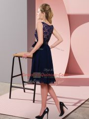 Beautiful Navy Blue Empire Chiffon Scoop Sleeveless Lace and Bowknot Knee Length Side Zipper Prom Dresses