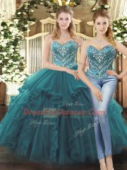 Teal Sweetheart Lace Up Beading and Ruffles Quinceanera Gowns Sleeveless