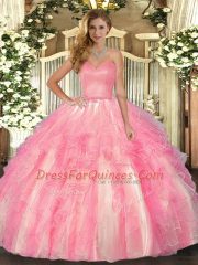 Rose Pink Lace Up Sweetheart Ruffles 15 Quinceanera Dress Organza Sleeveless