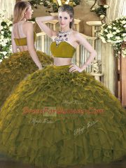 New Style Olive Green High-neck Backless Beading and Ruffles Quince Ball Gowns Sleeveless