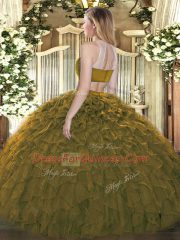 New Style Olive Green High-neck Backless Beading and Ruffles Quince Ball Gowns Sleeveless