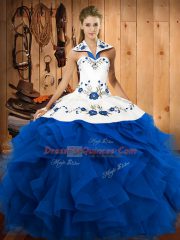 Sleeveless Tulle Floor Length Lace Up Quince Ball Gowns in Blue with Embroidery and Ruffles