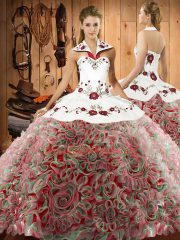 Halter Top Sleeveless Fabric With Rolling Flowers Quinceanera Dresses Embroidery Sweep Train Lace Up
