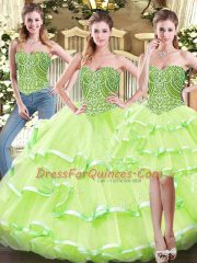 Yellow Green Sweet 16 Quinceanera Dress Military Ball and Sweet 16 and Quinceanera with Ruffled Layers Sweetheart Sleeveless Lace Up
