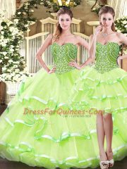 Yellow Green Sweet 16 Quinceanera Dress Military Ball and Sweet 16 and Quinceanera with Ruffled Layers Sweetheart Sleeveless Lace Up