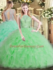 Apple Green Sleeveless Tulle Backless Quince Ball Gowns for Military Ball and Sweet 16 and Quinceanera