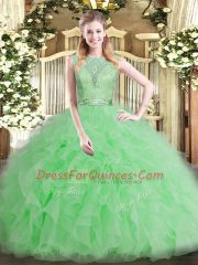 Apple Green Sleeveless Tulle Backless Quince Ball Gowns for Military Ball and Sweet 16 and Quinceanera