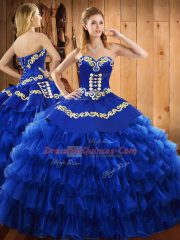 Blue Satin and Organza Lace Up Sweetheart Sleeveless Floor Length 15 Quinceanera Dress Embroidery and Ruffled Layers
