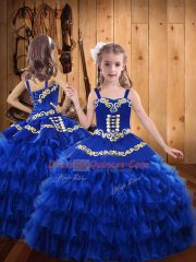 Blue Satin and Organza Lace Up Sweetheart Sleeveless Floor Length 15 Quinceanera Dress Embroidery and Ruffled Layers