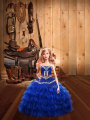 Blue Satin and Organza Lace Up Sweetheart Sleeveless Floor Length 15 Quinceanera Dress Embroidery and Ruffled Layers
