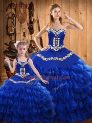 Blue Satin and Organza Lace Up Sweetheart Sleeveless Floor Length 15 Quinceanera Dress Embroidery and Ruffled Layers
