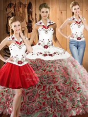Fabric With Rolling Flowers Sleeveless Floor Length Quince Ball Gowns and Embroidery
