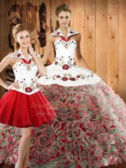 Fabric With Rolling Flowers Sleeveless Floor Length Quince Ball Gowns and Embroidery