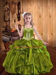 Charming Olive Green Lace Up Little Girls Pageant Dress Wholesale Embroidery and Ruffles Sleeveless Floor Length