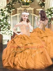 Floor Length Orange Red Little Girls Pageant Gowns Off The Shoulder Sleeveless Lace Up