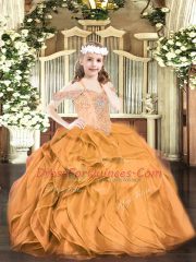 Floor Length Orange Red Little Girls Pageant Gowns Off The Shoulder Sleeveless Lace Up