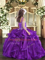 Dramatic Organza Straps Sleeveless Lace Up Beading and Ruffles Little Girl Pageant Dress in Fuchsia