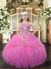 Rose Pink Organza Lace Up Straps Sleeveless Floor Length Girls Pageant Dresses Beading and Ruffles