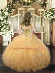 Rose Pink Organza Lace Up Straps Sleeveless Floor Length Girls Pageant Dresses Beading and Ruffles