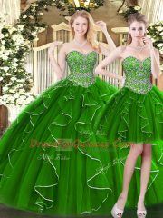 Green Sweetheart Lace Up Beading and Ruffles Sweet 16 Dress Sleeveless