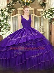 Customized Purple Organza and Taffeta Backless Sweet 16 Dresses Sleeveless Floor Length Beading and Lace and Embroidery and Ruffled Layers