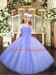 Sleeveless Floor Length Beading and Lace Zipper Little Girls Pageant Dress with Lavender