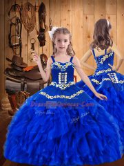 Custom Designed Royal Blue Lace Up Straps Embroidery and Ruffles Kids Formal Wear Organza Sleeveless