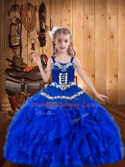 Custom Designed Royal Blue Lace Up Straps Embroidery and Ruffles Kids Formal Wear Organza Sleeveless