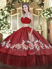 Sleeveless Tulle Floor Length Backless Quinceanera Gowns in Red with Beading and Appliques