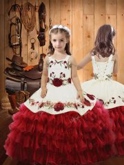 Eye-catching Red Ball Gowns Straps Sleeveless Organza Floor Length Lace Up Ruffled Layers Little Girls Pageant Dress