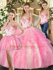 Rose Pink Sleeveless Beading and Ruffles Floor Length Sweet 16 Quinceanera Dress