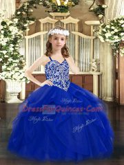 Royal Blue Lace Up Straps Beading and Ruffles Pageant Dress for Womens Tulle Sleeveless