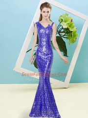 Adorable Royal Blue Zipper Prom Evening Gown Sequins Sleeveless Floor Length