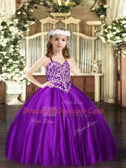 Straps Sleeveless Kids Formal Wear Floor Length Beading Purple Satin