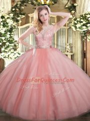 Shining Baby Pink Ball Gowns Lace Vestidos de Quinceanera Backless Tulle Sleeveless Floor Length