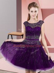 Attractive Dark Purple Empire Tulle Scoop Sleeveless Beading Knee Length Backless Prom Evening Gown