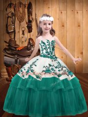 Straps Sleeveless Evening Gowns Embroidery Turquoise Organza