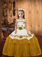 Attractive Floor Length Ball Gowns Sleeveless Gold Little Girl Pageant Dress Lace Up