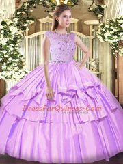 Suitable Lavender Sleeveless Beading and Ruffled Layers Floor Length Quinceanera Gown