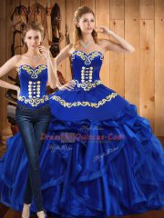 Royal Blue Sleeveless Floor Length Embroidery and Ruffles Lace Up 15th Birthday Dress